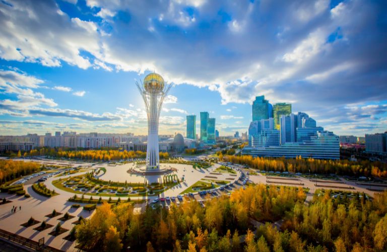 Skyline in Kazakhstan City with Central Tower Sculpture