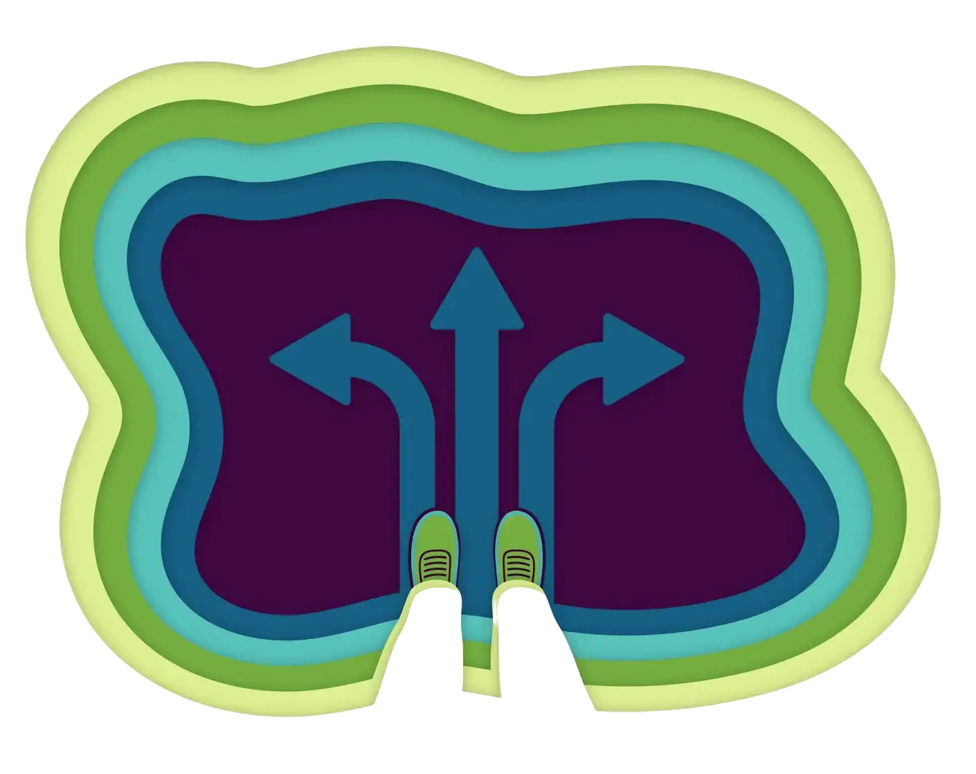 A person's feet standing in a cloud with arrows