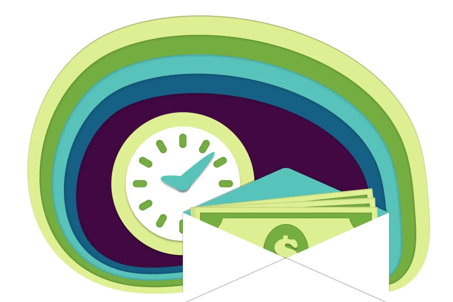 A paper cut out of a clock and money