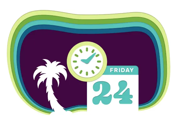 A clock and palm tree with a date and a calendar
