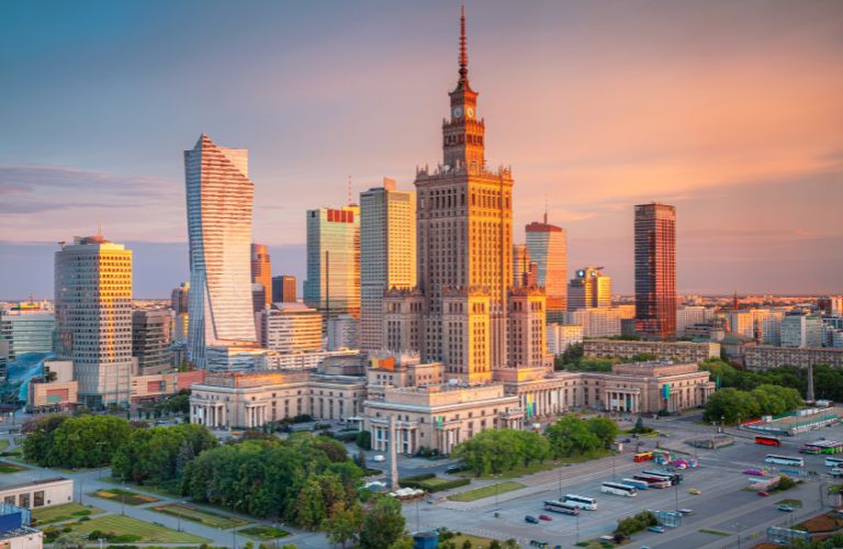 Skyline of Warsaw, Poland at Sunset
